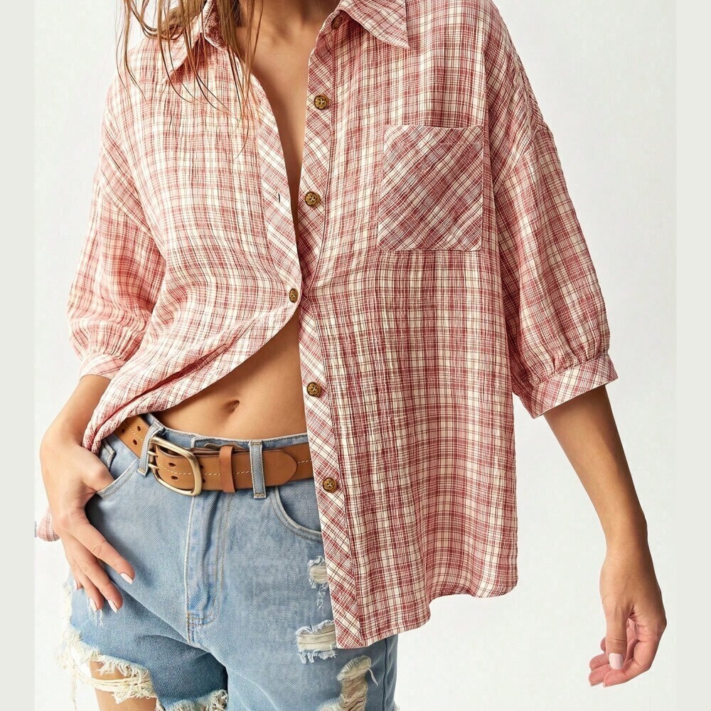 Pink Plaid Woven Oversized Button Front 3/4 Sleeve Shirt